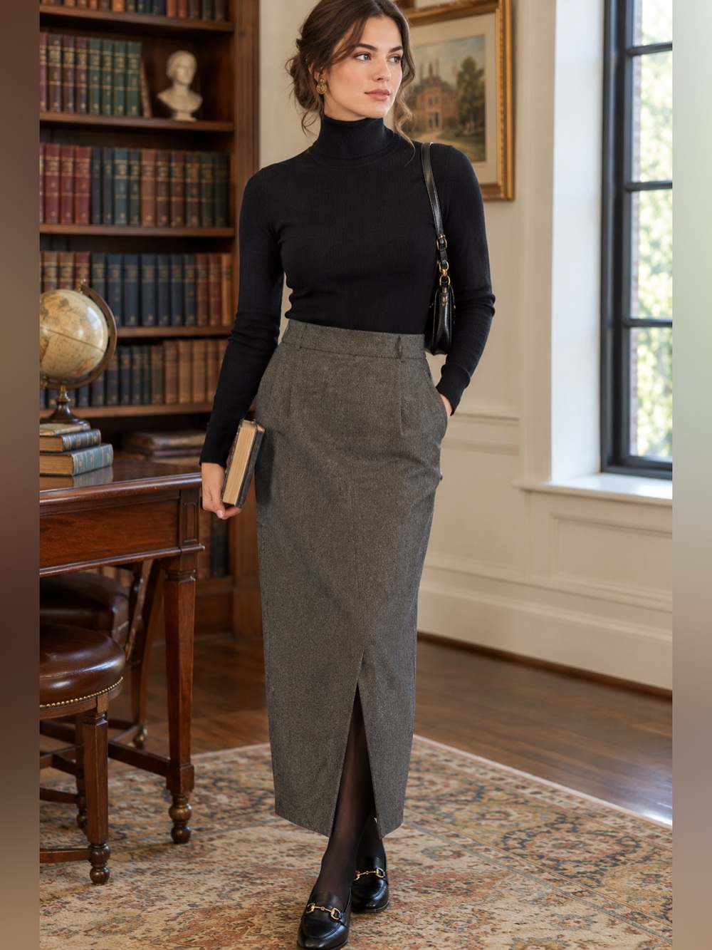 Vintage David Brooks Gray Wool Blend Pencil Skirt Front Split Retro Academia